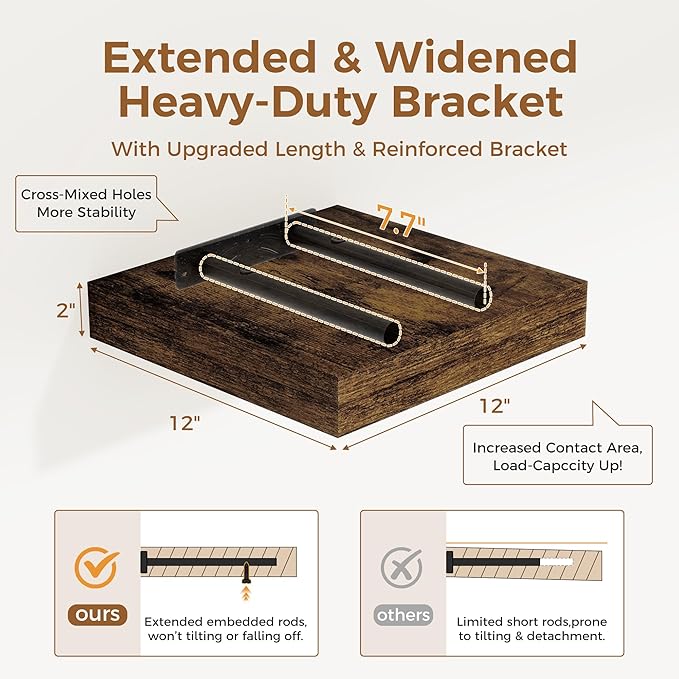 Fun Memories 12 Inch Floating Shelf, Rustic Wood Wall Shelves for Wall Decor & Storage, 12 x 12 Floating Shelf for Living Room, Bathroom, Bedroom, Rustic Brown, Set of 2