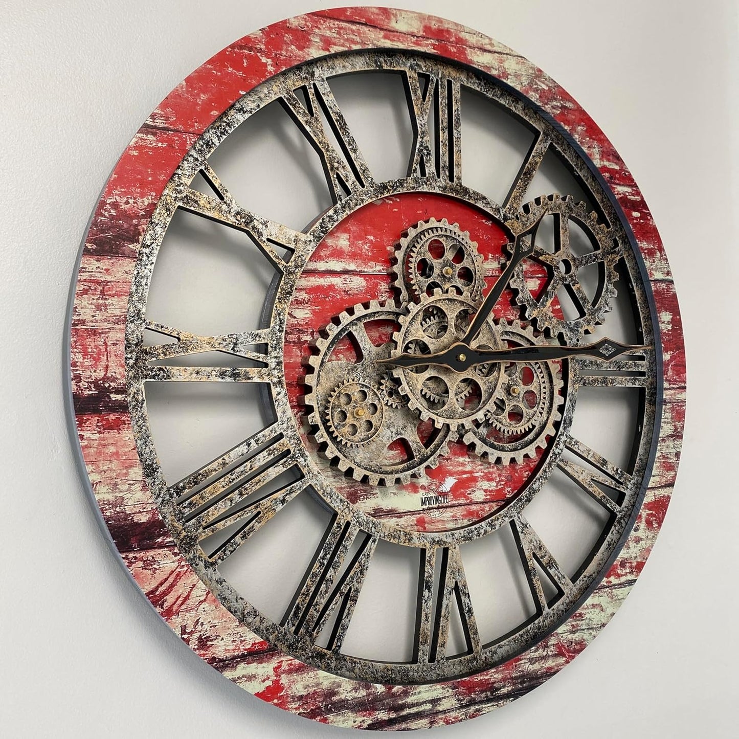 The Gears Clock The Original Real Moving Gear Wall Clock Vintage Industrial Oversized Rustic Farmhouse (24 inch (60cm),Red Lava)