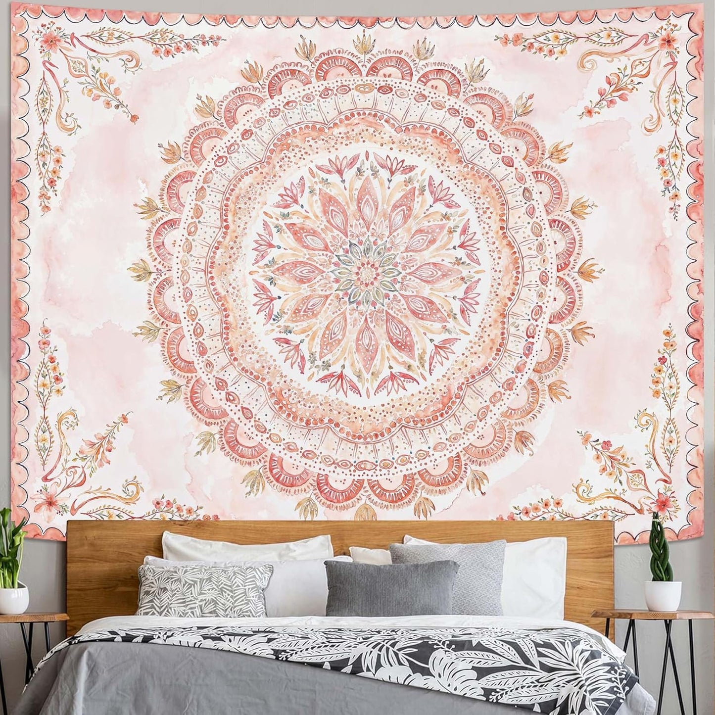 Fowocu Boho Floral Mandala Tapestry Wall Hanging Pink Bohemian Flower Medallion Tapestry Aesthetic Watercolor Hippie Indian Extra Large Tapestries for Bedroom Living Room Dorm Decor 90 x 68 Inch