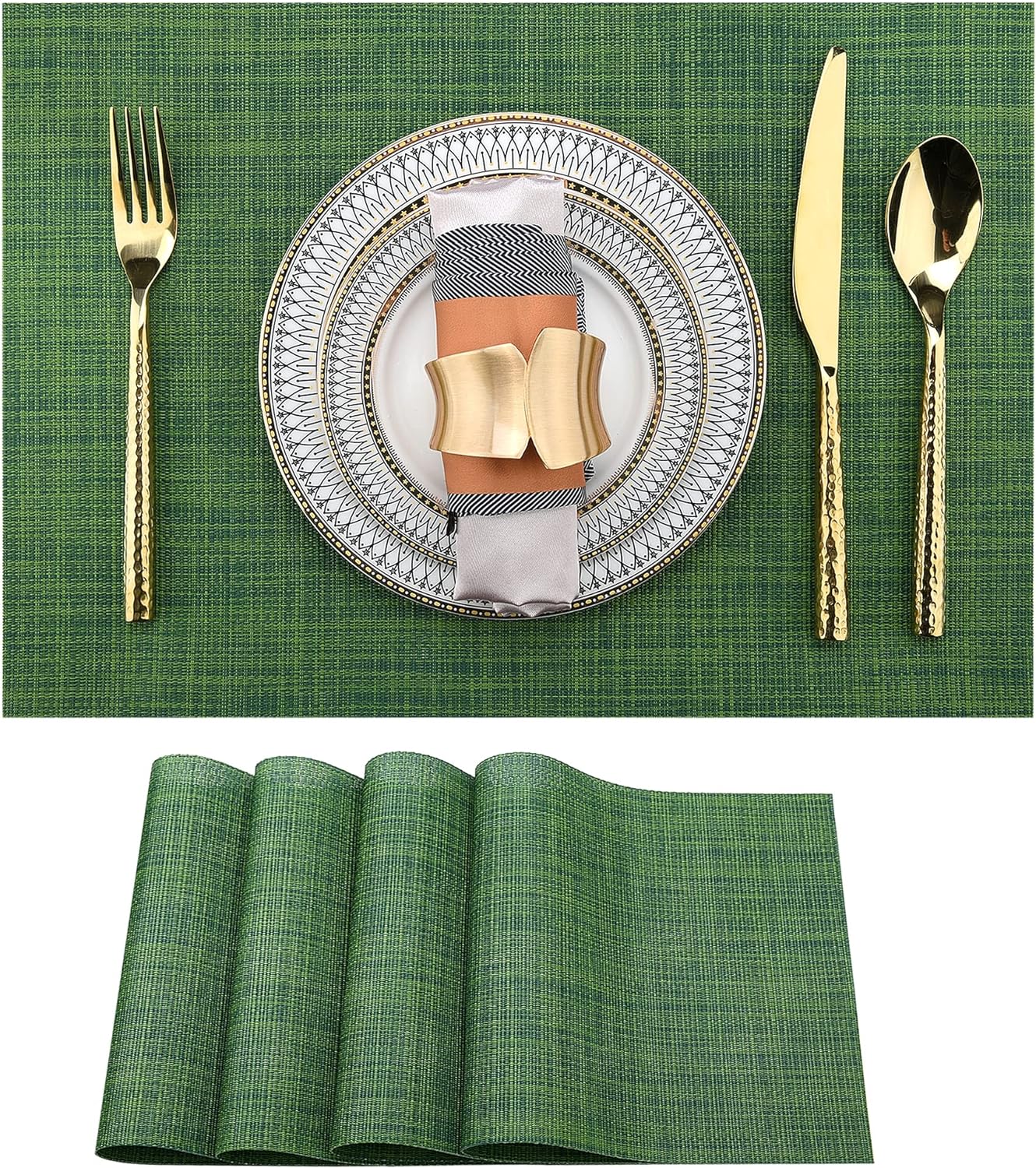 Green Christmas Placemats Set of 4 - Wipe Clean Vinyl Placemats - Washable Heat Resistant PVC Placemats for Dining Table - 17x12 Inch (Green, 4)