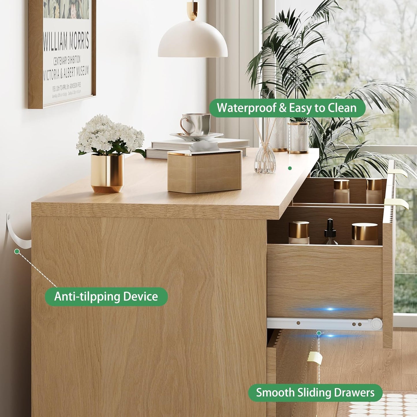 Fluted Dresser for Bedroom with 8 Drawers, 48" Wide Modern Chest of Drawers with Metal Handle, Wooden Dresser TV Stand, Wood Closet Clothes Storage Organizer for Living Room, Hallway, Natural Oak