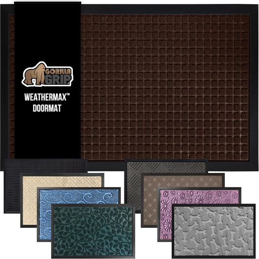 GORILLA GRIP 100% Waterproof All-Season WeatherMax Doormat, 47x35, US Designed Natural Rubber, Stain and Fade Resistant, Low Profile Indoor Outdoor Door Mats, Easy Clean Patio Mat, Coffee Squares