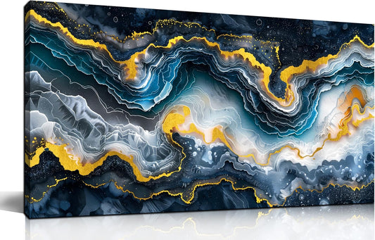 GUGIKA Abstract Wall Art for Living Room, Gold Black and Blue Canvas Wall-Art for Bedroom, Ocean Landscape Print Paintings, Size 40x20 Inches