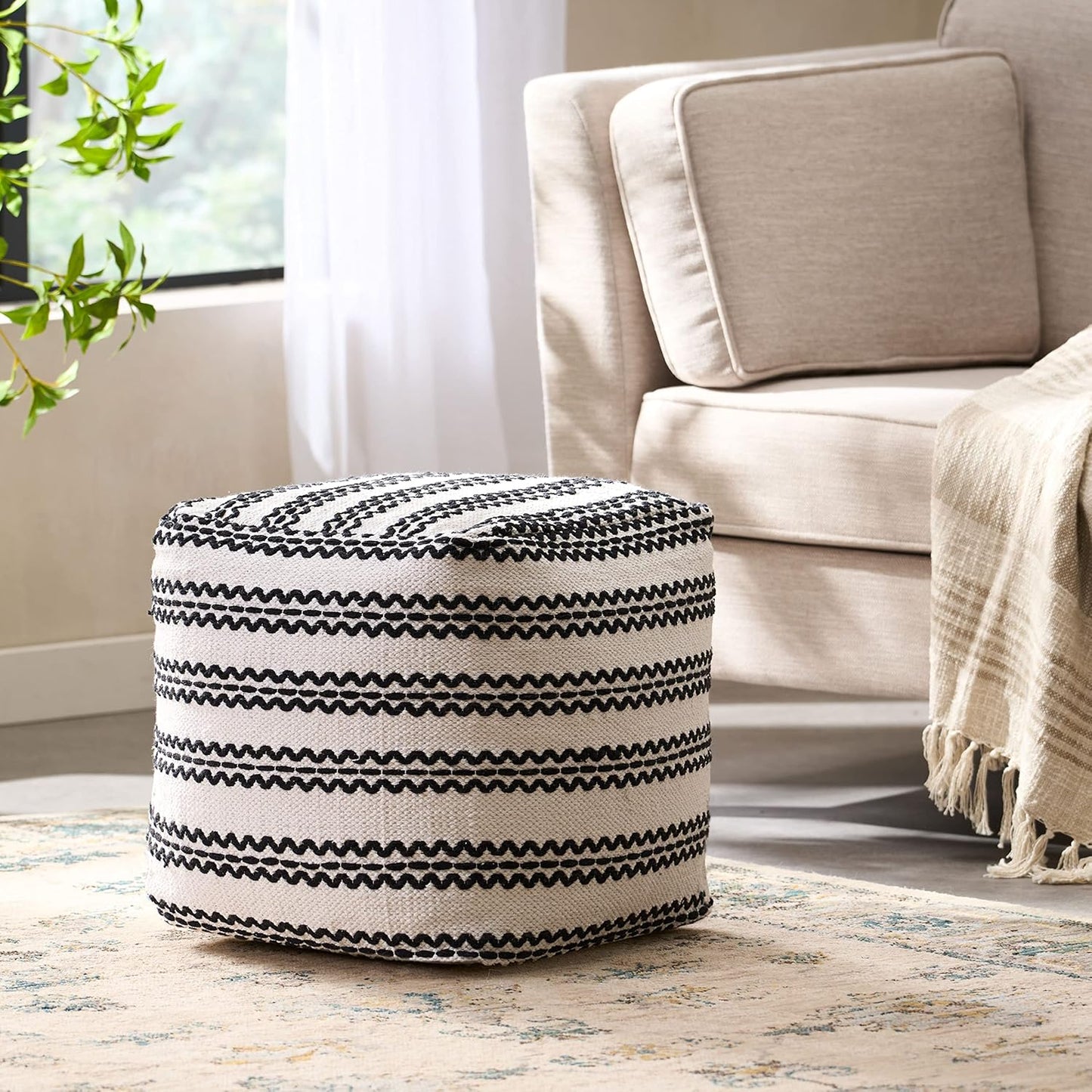 GDFStudio Boho Handmade Fabric Cube Pouf Ottoman Foot Stool - Bean Bag Floor Chair - Foot Rest Couch for Living Room Bedroom,Natural and Black,16" x 16" x 15.75"