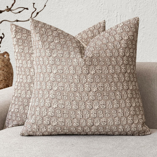 Foindtower Set of 2 Decorative Vintage Floral Print Throw Pillow Covers Neutral Modern Farmhouse Cushion Covers Boho Home Decor for Sofa Couch Chair Bedroom Living Room Outdoor,24×24 Inch,Tan Taupe