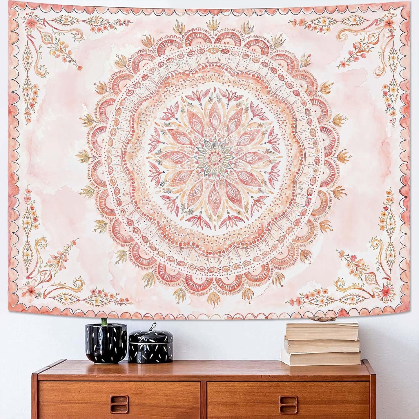 Fowocu Boho Floral Mandala Tapestry Wall Hanging Pink Bohemian Flower Medallion Tapestry Aesthetic Watercolor Hippie Indian Small Tapestries for Bedroom Living Room Dorm Decor 40 x 30 Inch