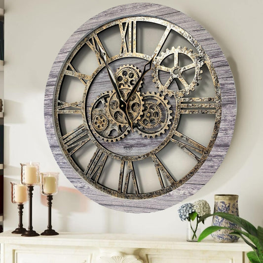 The Gears Clock The Original Real Moving Gear Wall Clock Vintage Industrial Oversized Rustic Farmhouse (24 inch (60cm),Silver Grey)