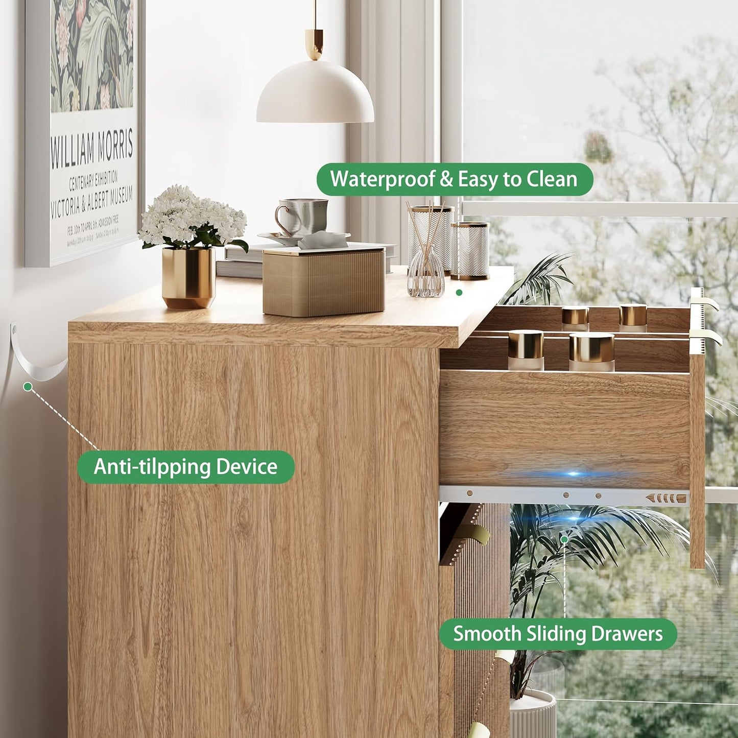 Fluted Dresser for Bedroom with 6 Drawers, 46" Tall Modern Chest of Drawers with Metal Handle, Wooden Dresser TV Stand, Wood Closet Clothes Storage Organizer for Living Room, Hallway, Natural Oak