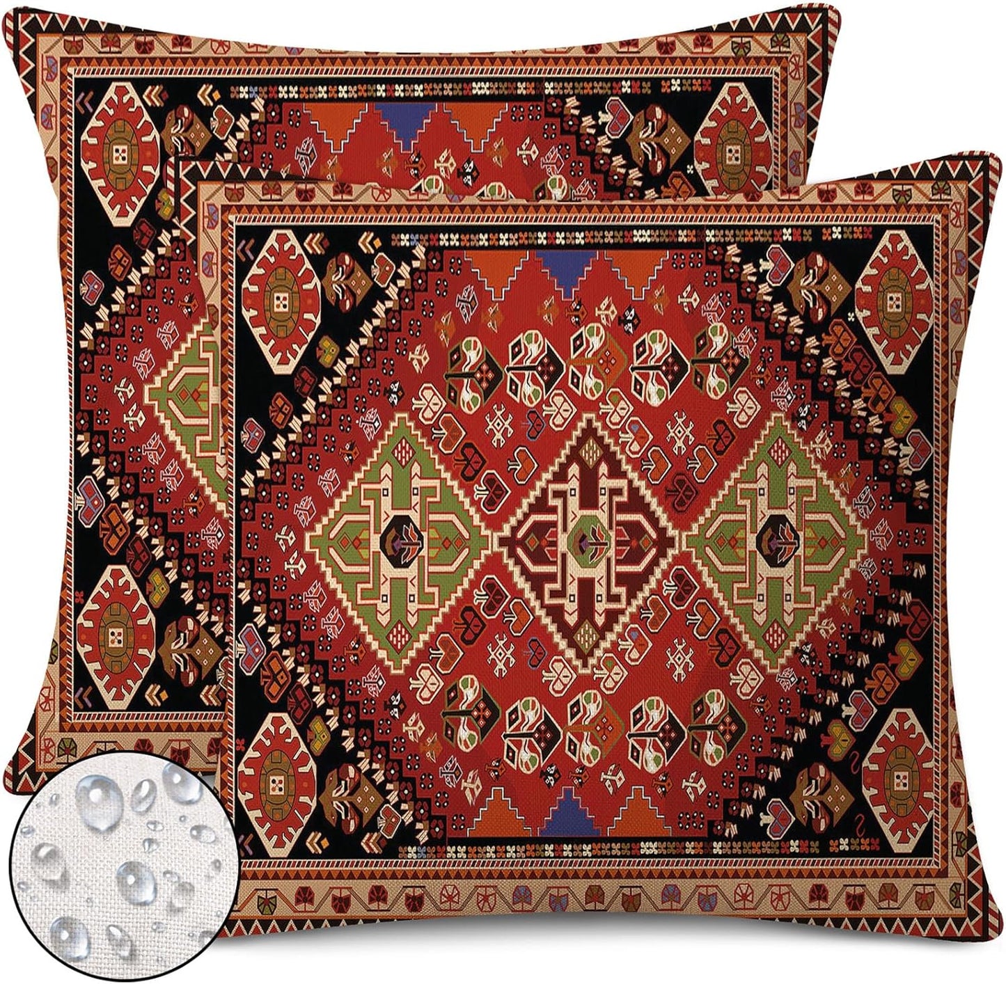 Outdoor Waterproof Pillow Covers 18x18 Inch Set of 2 Tribal Abstract Red and Black Vintage Carpet Pattern Decorative Farmhouse Pillow Covers for Couch Garden Balcony