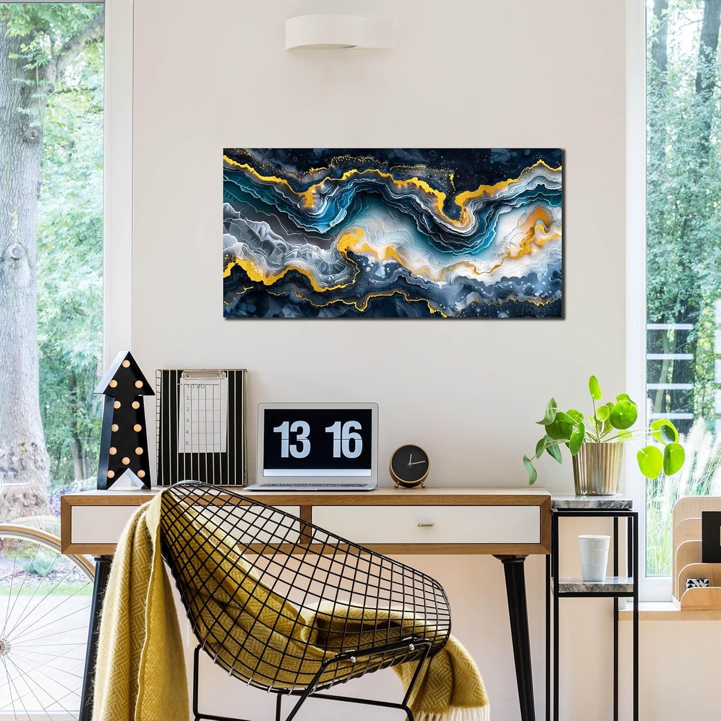 GUGIKA Abstract Wall Art for Living Room, Gold Black and Blue Canvas Wall-Art for Bedroom, Ocean Landscape Print Paintings, Size 40x20 Inches