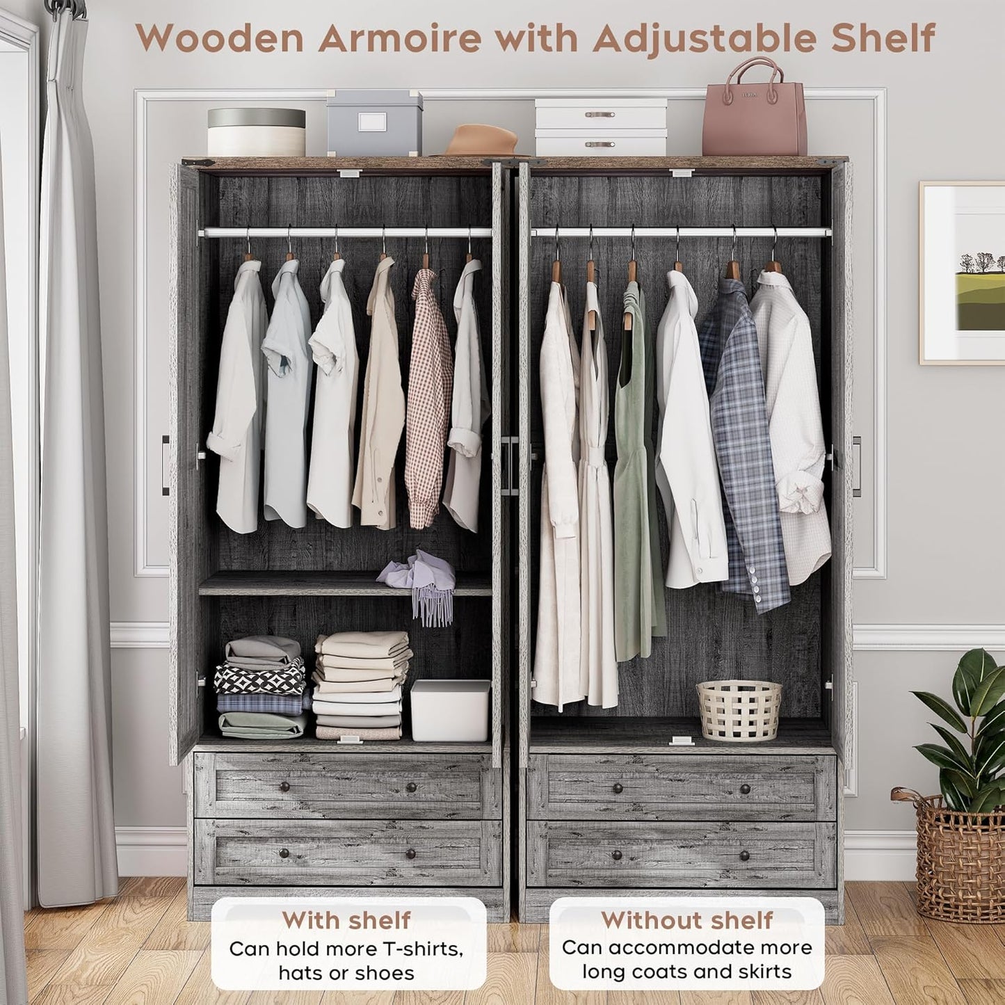 Brafab Armoire Wardrobe Closet with 2 Modern Doors, 71" Tall Freestanding Closet Wardrobe Cabinet with Drawers and Hanging Rail, Light Wooden Storage Cabinet with Shelve for Bedroom (Grey, 2 Doors)