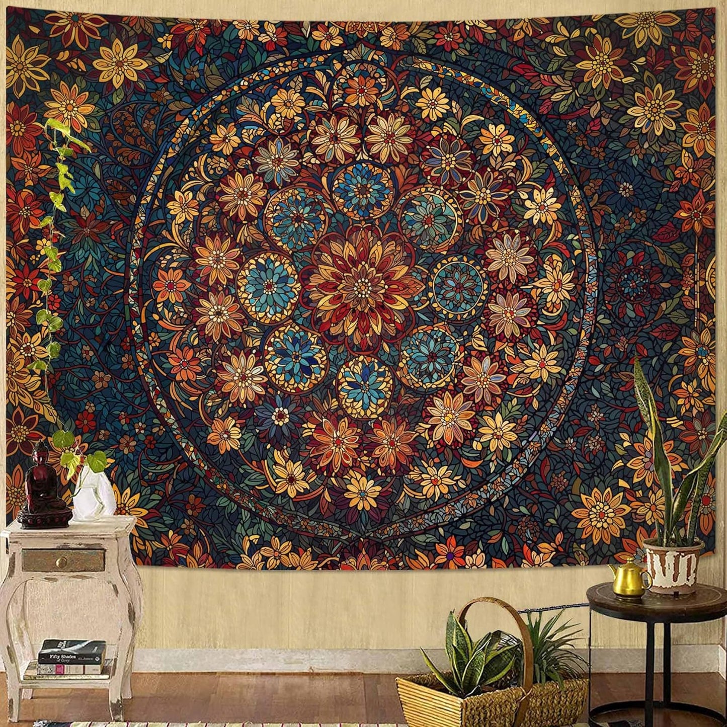 Fowocu Boho Floral Mandala Tapestry Wall Hanging Vintage Bohemian Flower Medallion Tapestry Aesthetic Orange Stained Glass Hippie Large Tapestries for Bedroom Living Room Dorm Decor 80 x 60 Inch