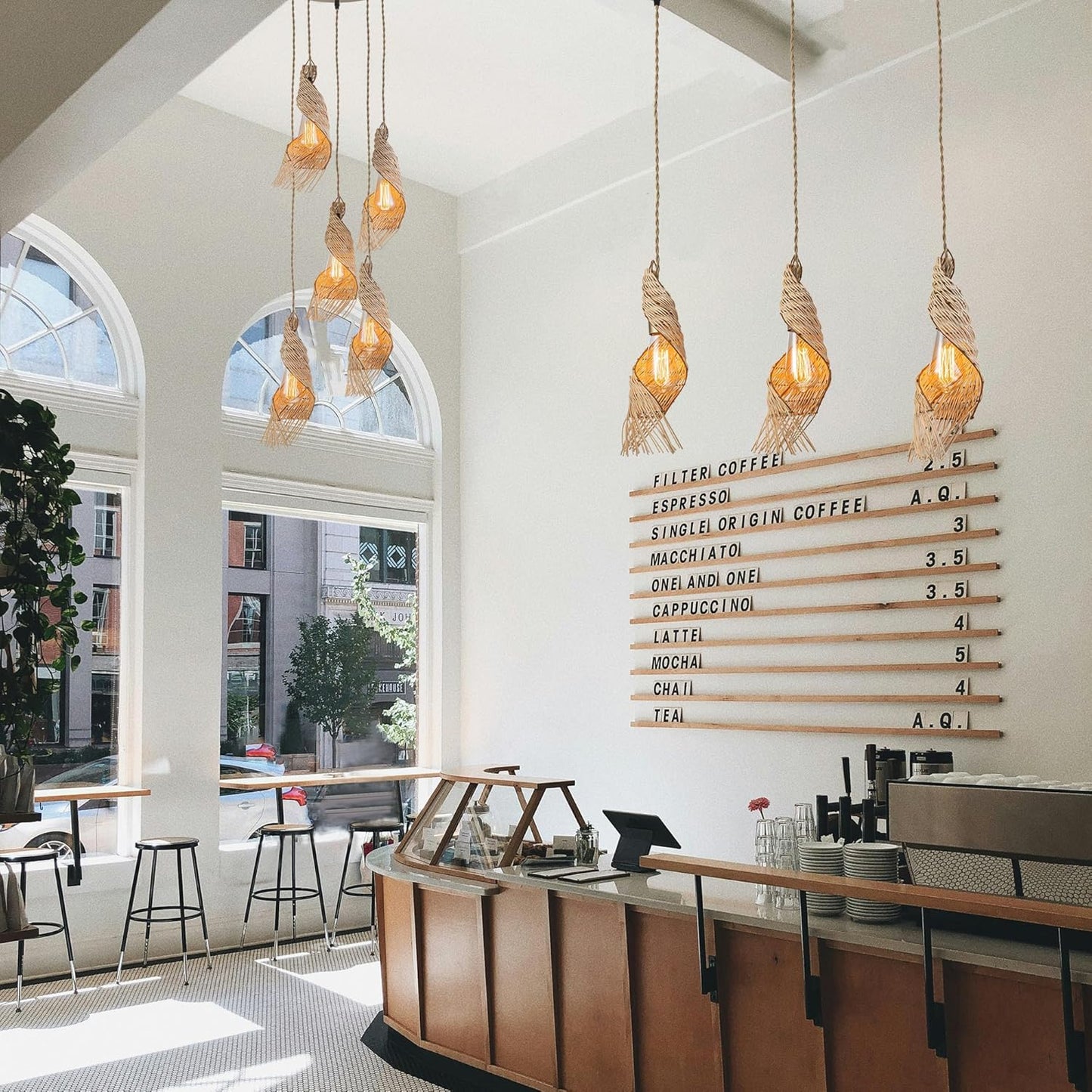 3-Light Modern Rattan Kitchen Island Pendant – Handmade Boho Ceiling Lamp – Spiral Woven Farmhouse Lighting 24" Wide