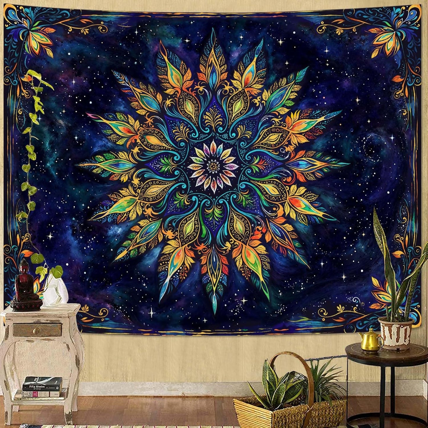 Fowocu Boho Floral Mandala Tapestry for Bedroom Aesthetic Blue Bohemian Colorful Flower Wall Tapestry Purple Hippie Indian Small Tapestries Wall Hanging for Living Room Dorm Decor 60 x 44 Inch