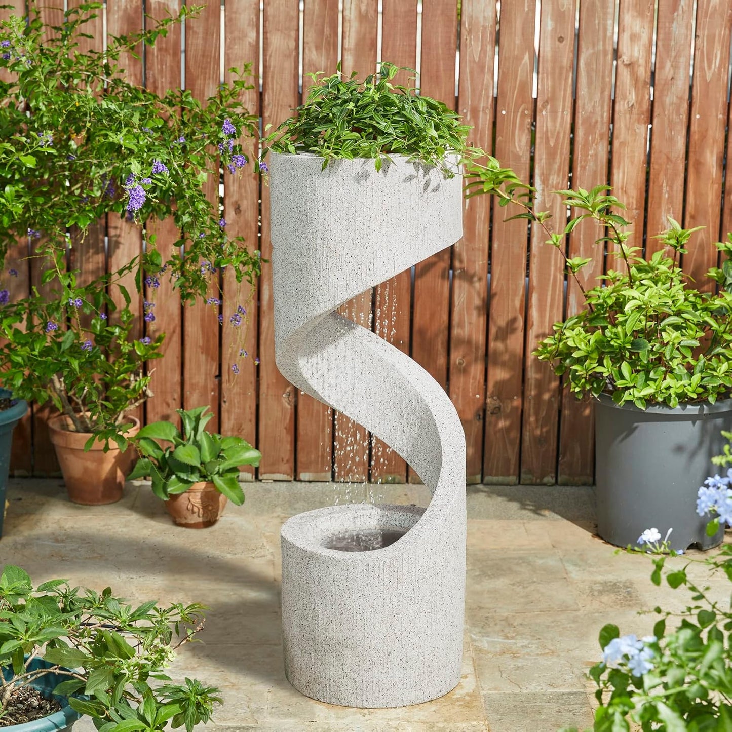Glitzhome Decorative Tiered Outdoor Water Fountain with LED Light Vintage Curved Waterfall Fountain with Stone Planter Rustic Faux Terrazzo Spiral Shaped Fountains for Garden Patio Deck Porch, 40.25”H