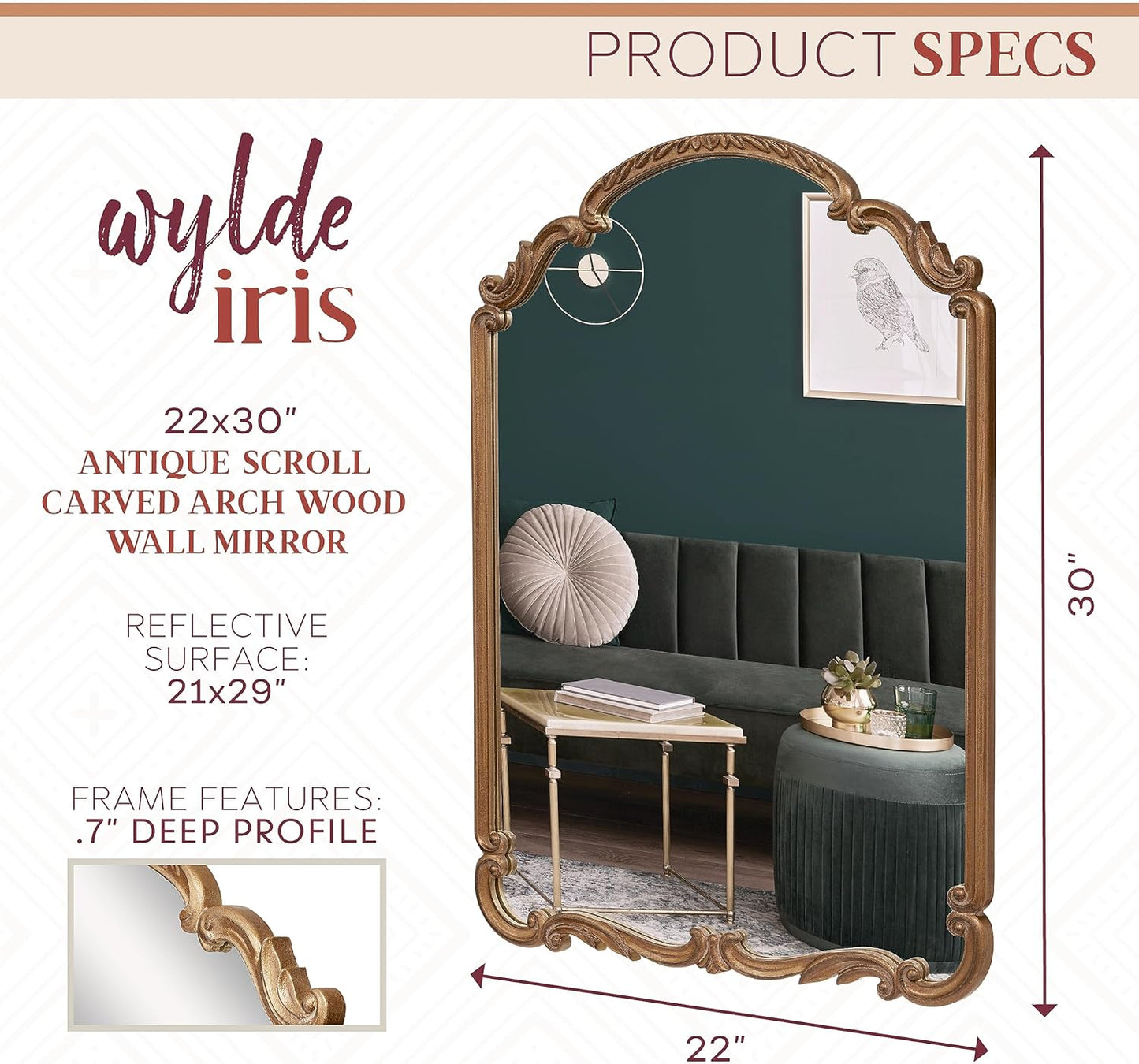 English Estate Carved Arch Wood Wall Mirror, Mirror for Entryway, Living Room, Bathroom, Antique Gold, 22x30