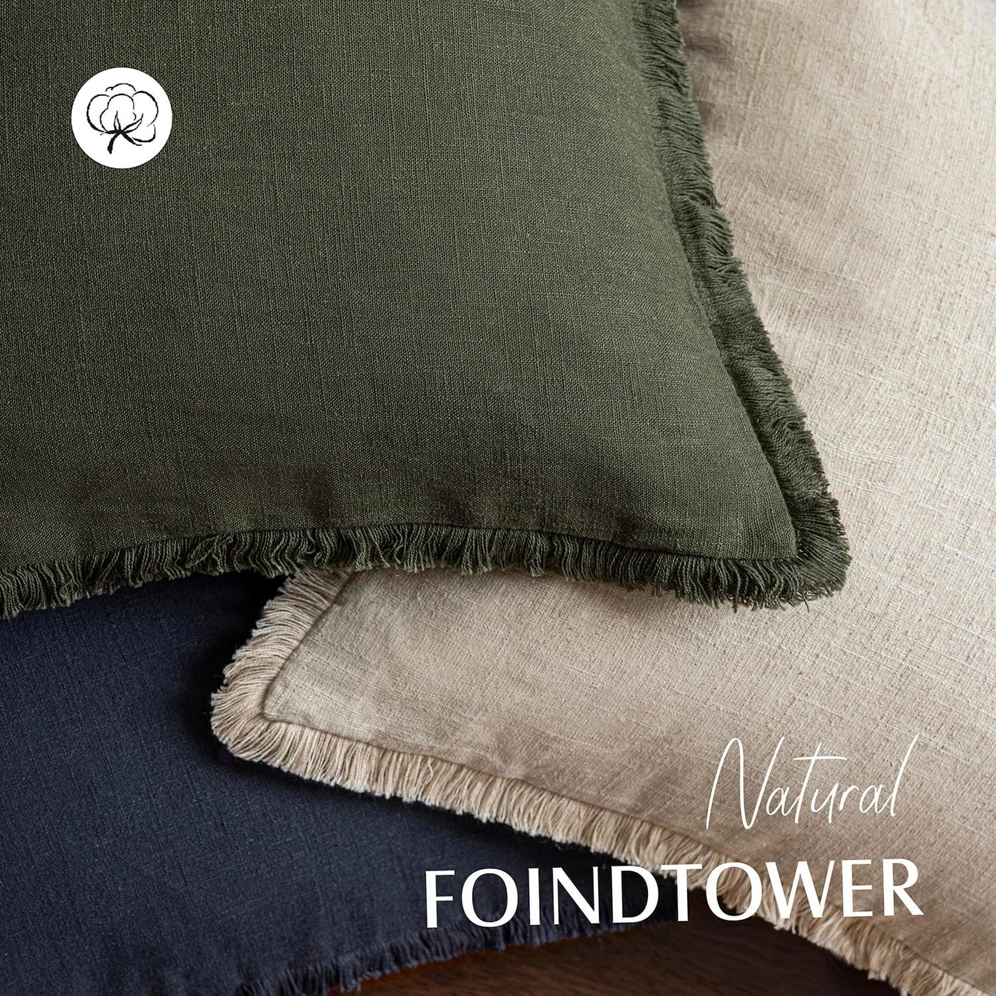 Foindtower Set of 2 Decorative Linen Fringe Throw Pillow Covers Boho Farmhouse Cushion Cover with Tassels Soft Accent Pillowcase for Couch Sofa Bed Living Room Home Decor,26×26 Inch,Dark Olive Green