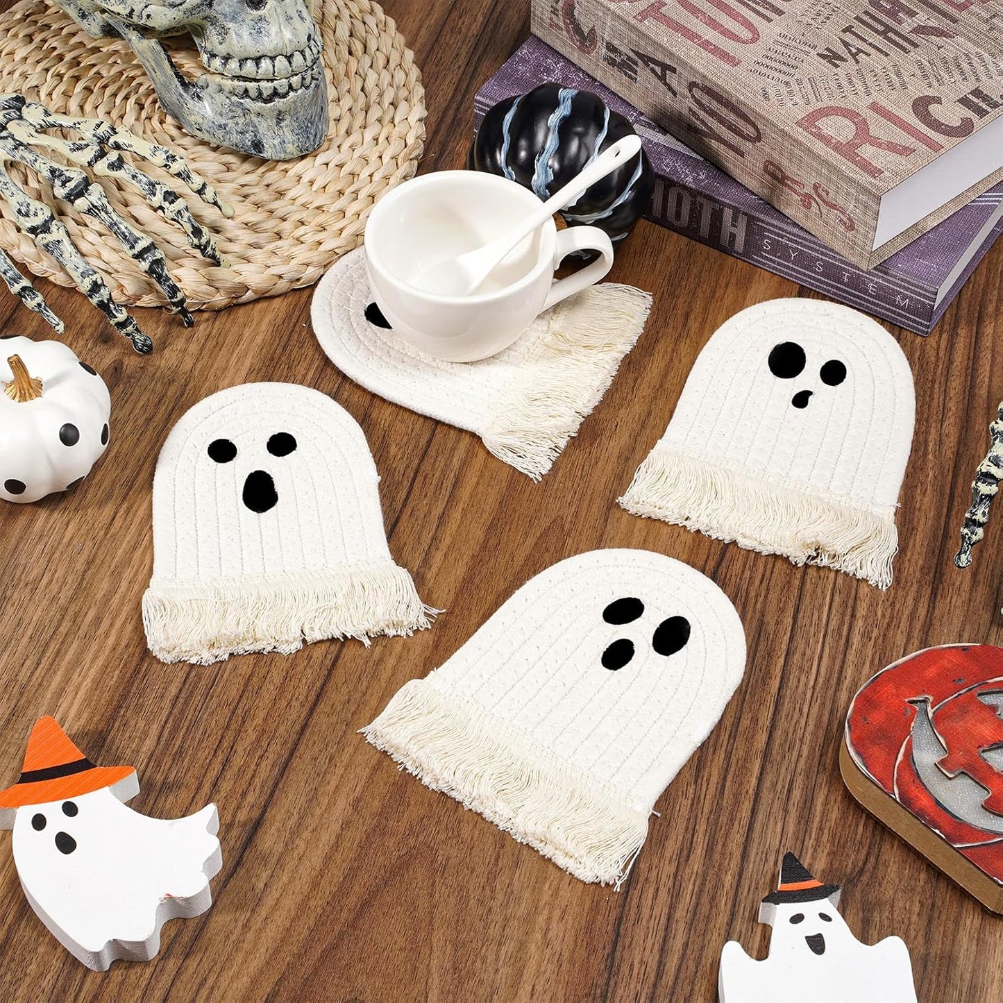 Whaline Halloween Ghost Cotton Coasters Cute White Ghost Shape Handmade Braided Drink Coasters Absorbent Cup Mats for Trick or Treat Party Home Table Decor, Set of 4