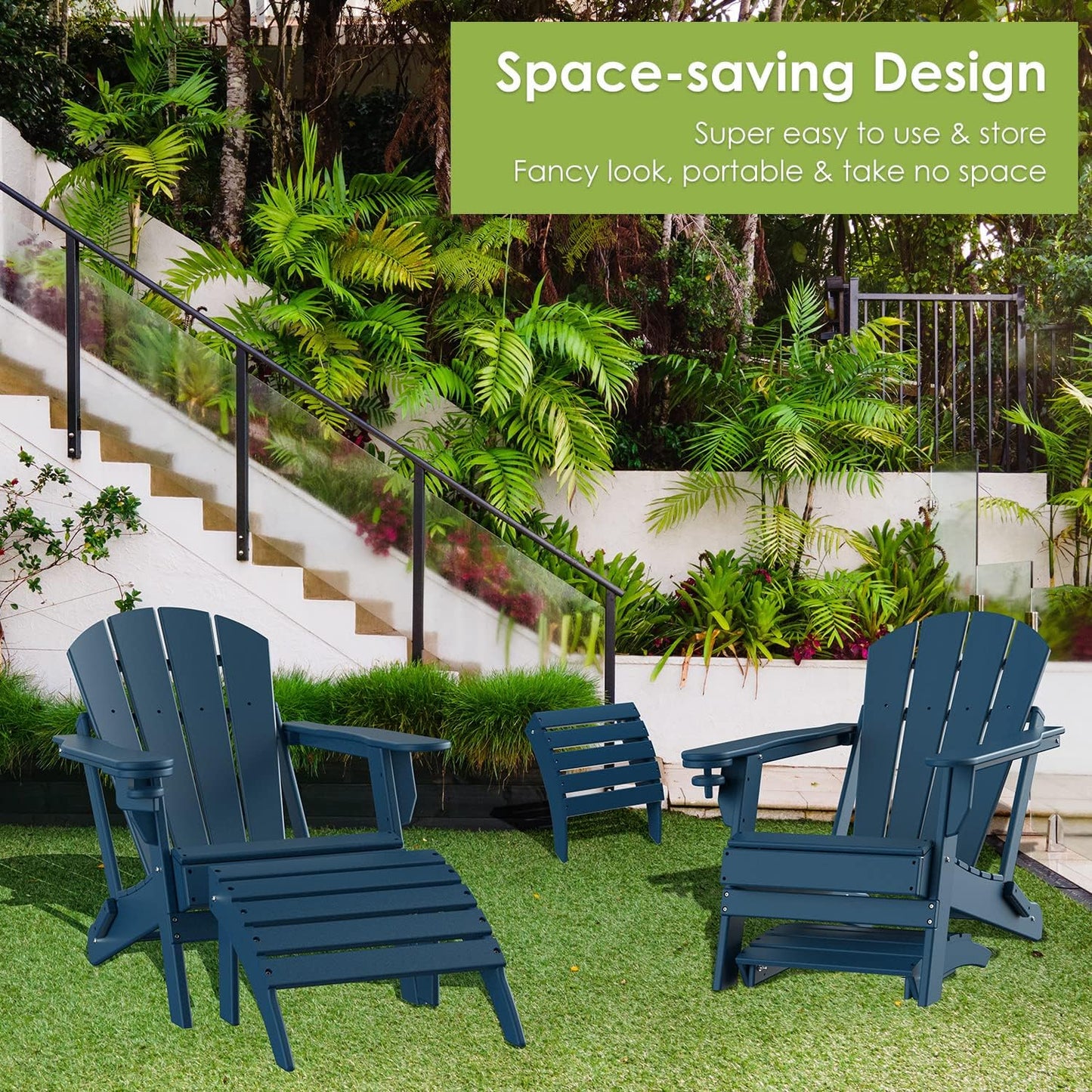 GREENVINES Adirondack-Ottoman | Set of 4 | HDPE Plastic | Outdoor Footrest | All Weather | Foot Rest | Foot Stool | Blue | for Adirondack Chair | for Patio Backyard Pool