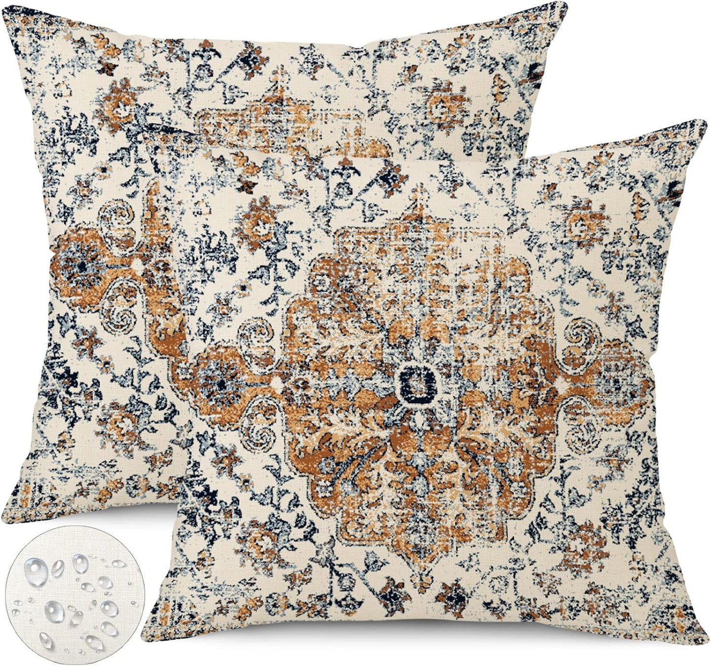 Outdoor Waterproof Pillow Set of 2 - 20x20 Inch Bohemian Vintage Carpet Pattern Pillow Covers - Gold Blue Ethnic Design - Decorative for Couch, Garden, Balcony