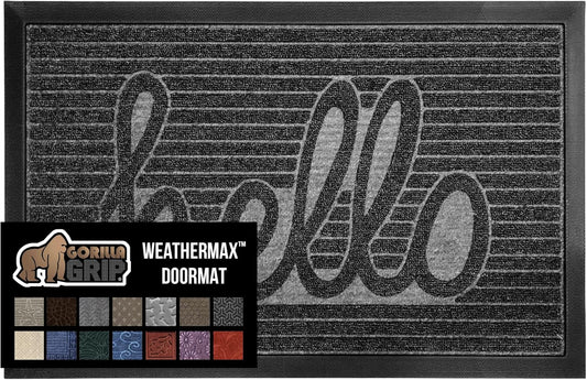 GORILLA GRIP 100% Waterproof All-Season WeatherMax Doormat, US Designed Natural Rubber, Stain and Fade Resistant, Low Profile Indoor Outdoor Door Mats, Easy Clean Patio Mat, 17x29, Charcoal Hello