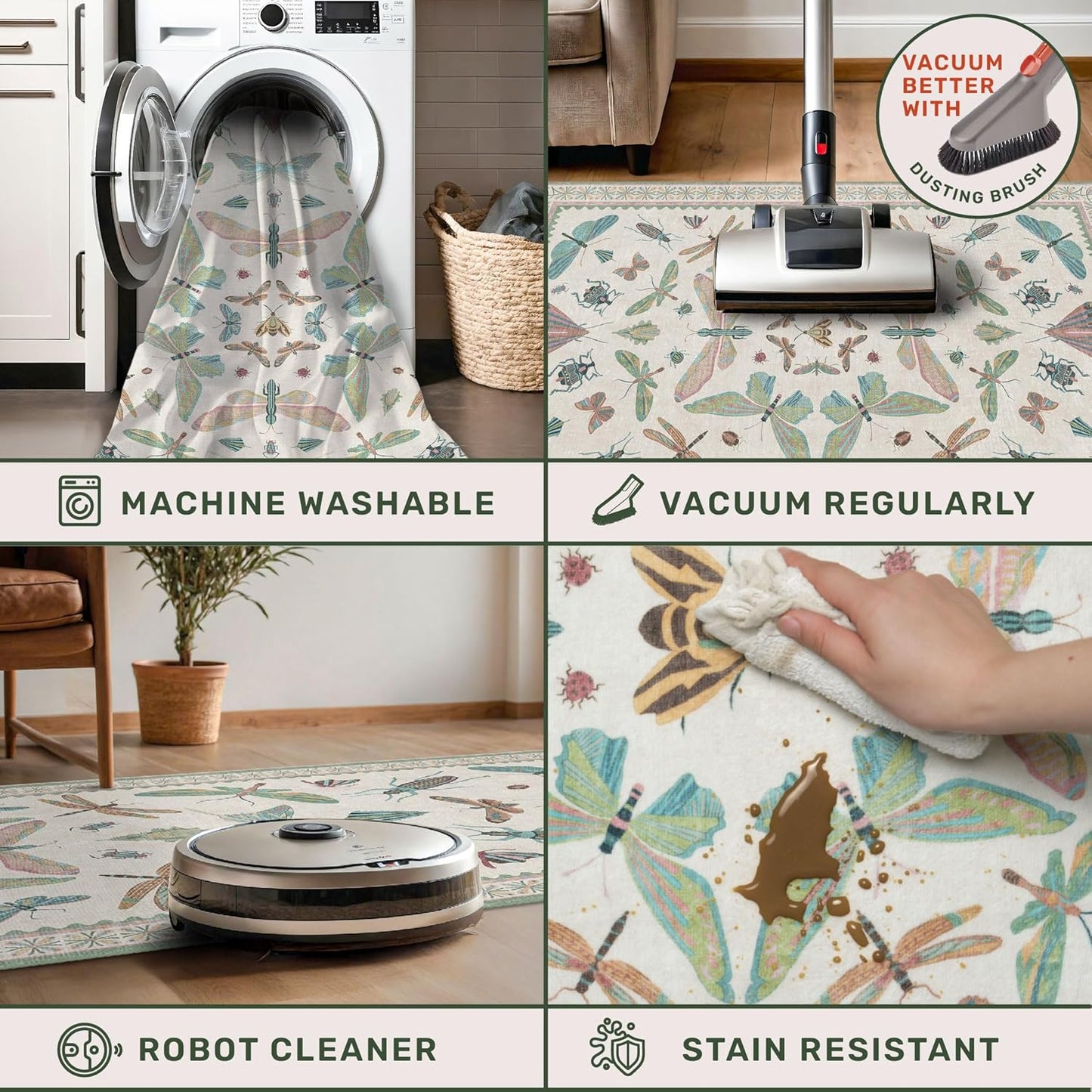 Green and Blue Nursery Rug 5x8 - Washable Soft Area Rugs for Bedroom Under Bed, Living Room, Vintage Floral Butterfly Fun Indoor Floor Decor