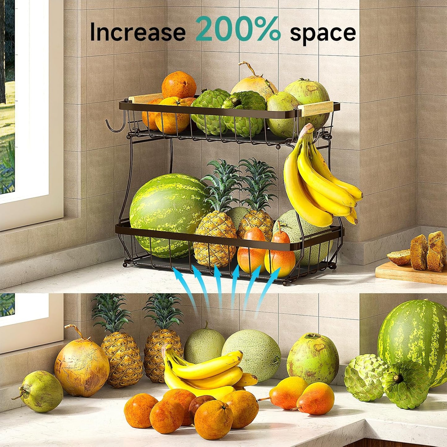 3 Tier Fruit Basket for Kitchen Counter with 2 Mobile Banana Hangers, 2025 Pro Detachable Metal Fruit Bowl with Wooden Handle, Fruit Holder for Bread Snack Veggies, Brown