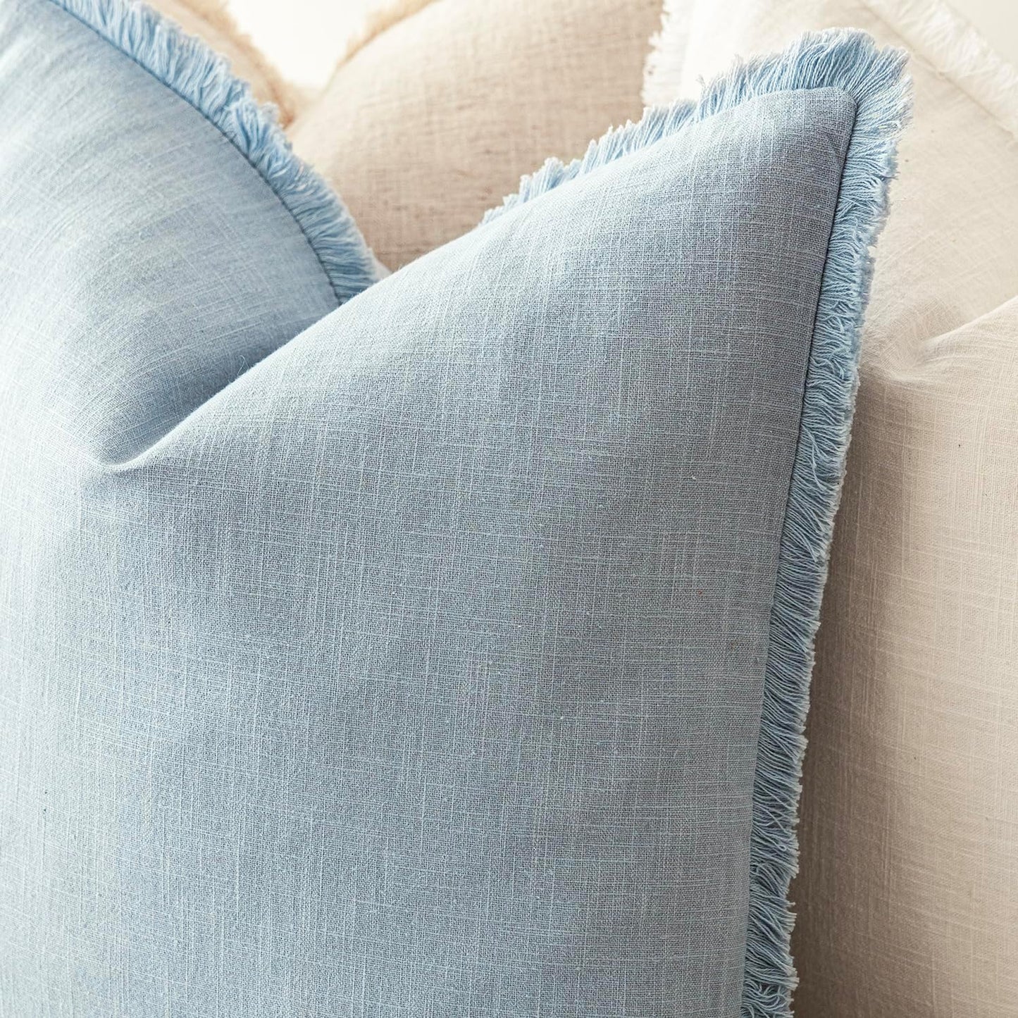 Foindtower Set of 2 Decorative Linen Fringe Throw Pillow Covers Cozy Boho Farmhouse Cushion Cover with Tassels Soft Accent Pillowcase for Couch Sofa Bed Living Room Home Decor,26×26 Inch,Sky Blue