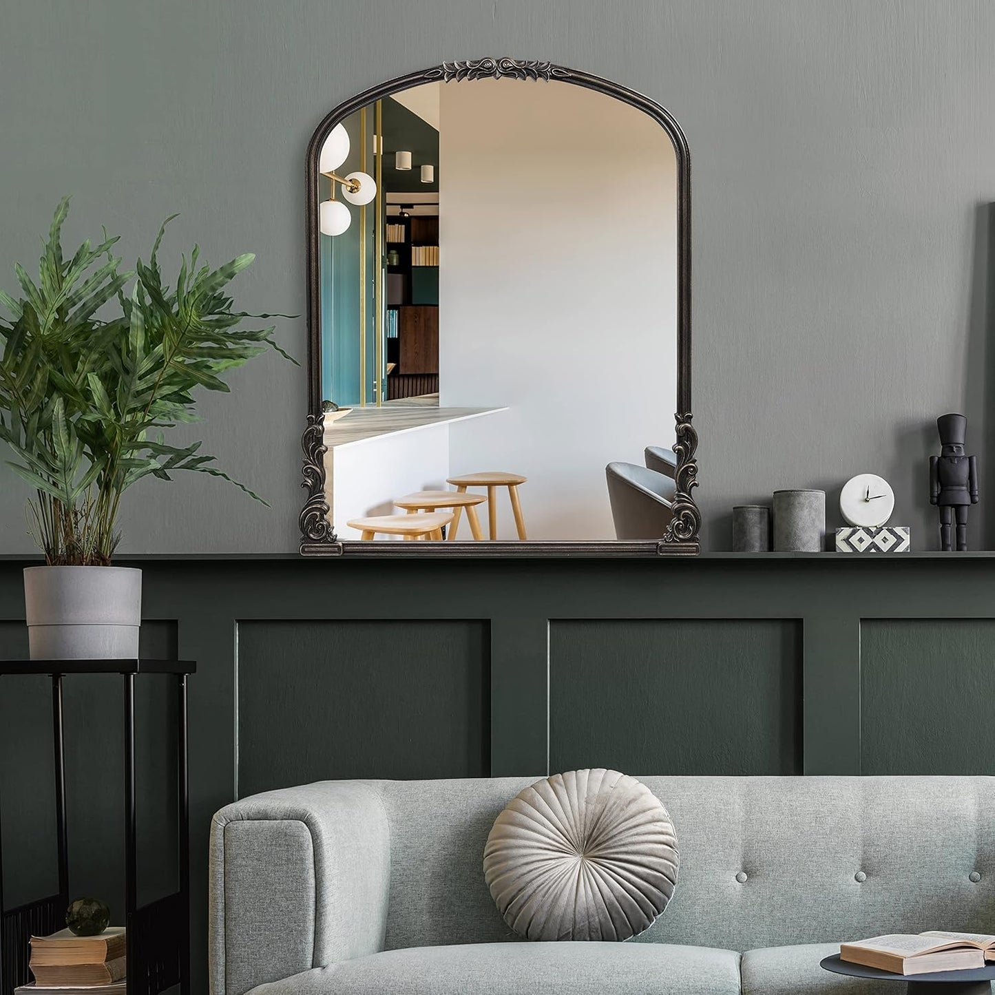 English Estate Carved Arch Wood Wall Mirror, Mirror for Entryway, Living Room, Bathroom, Antique Black, 28.4x35