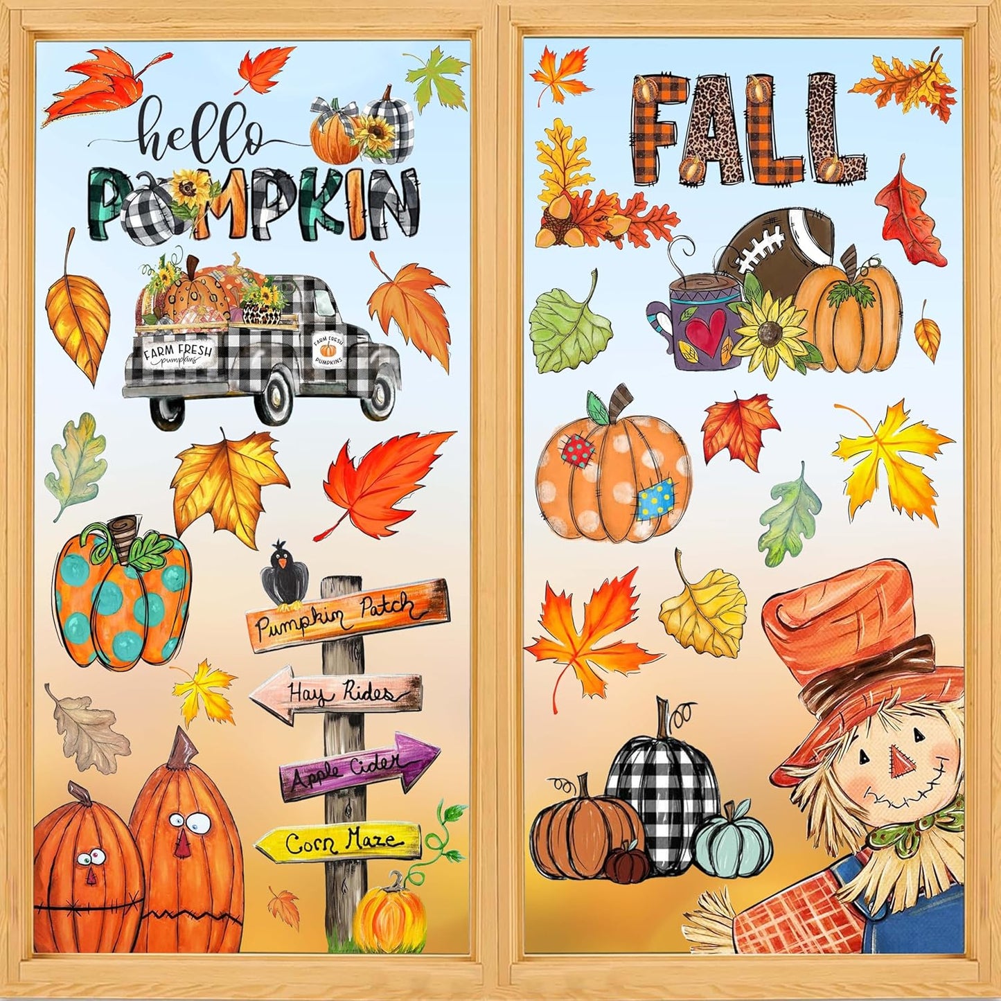 Fall Window Clings Decorations for Glass Fall Watercolor Pumpkin Maple Leaves Scarecrow Truck Window Stickers for Autumn Thanksgiving Harvest Party Home Window Decals Decor