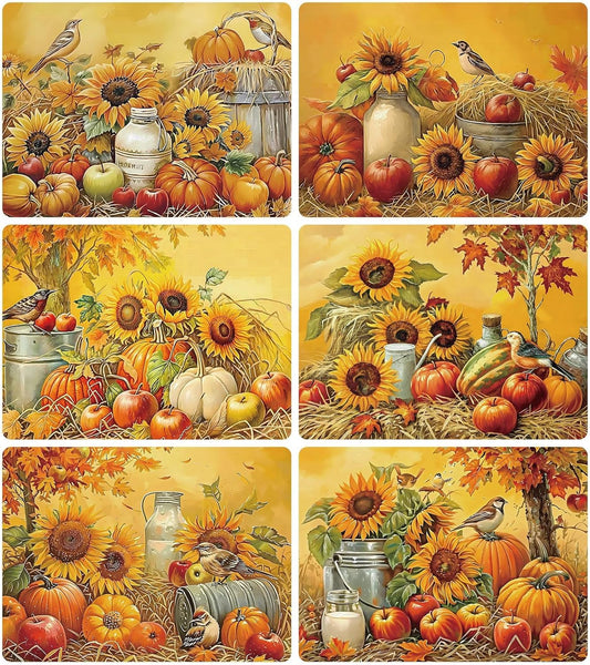 Fall Placemats Set of 6 Thanksgiving Pumpkin Plastic Table Mats Farmhouse Rustic Fall Autumn Place Mats Washable Vinyl Rustic Holiday Table Decoration for Indoor Outdoor Party Kitchen Dining