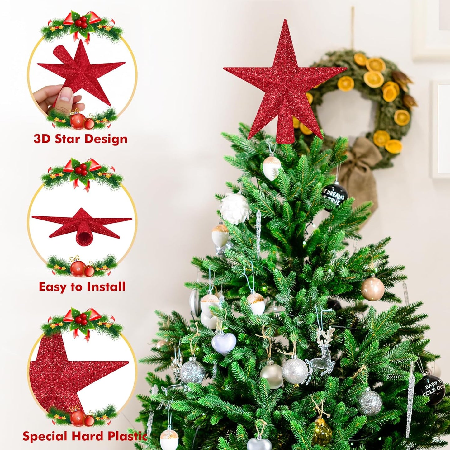 1PCS Star Tree Topper, 4" Red Christmas Tree Topper Glitter Decorations, Mini Bethlehem Star Xmas Shatterproof Tree Decorations, Waterproof Xmas Decor for Holiday Home Indoor/Outdoor Ornament