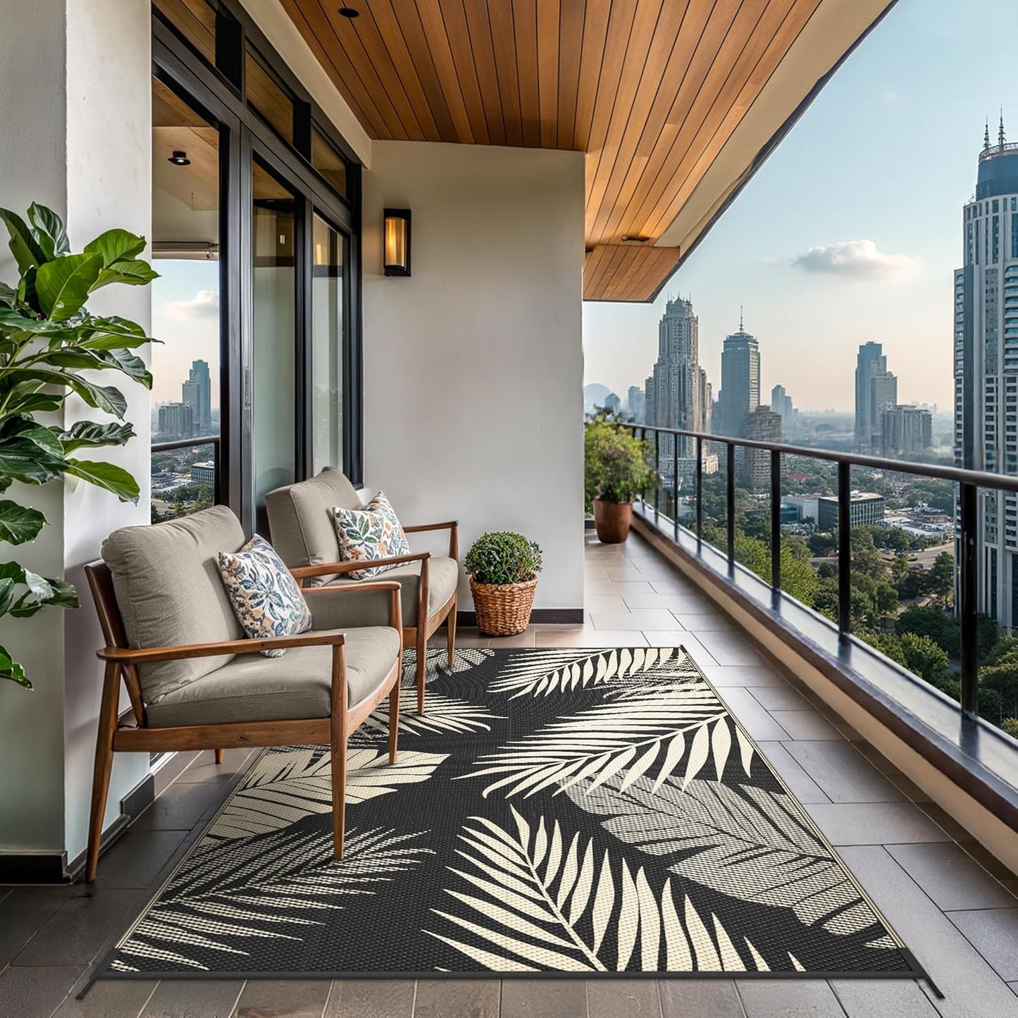 GENIMO Outdoor Rug 8' x 10' Waterproof for Patios Clearance, Reversible Outdoor Plastic Straw Camping Rug Carpet, Large Area Rugs Mats for RV, Camper, Deck, Balcony, Porch, Beach, Picnic, Black&Beige