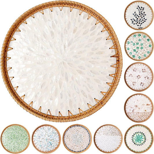 Round Rattan Tray with Mother of Pearl Inlay & Wooden Base - Decorative Wicker Serving Tray for Coffee/Bread/Fruits, Food Storage & Display - Multipurpose Home Decor (L,White Leaves)