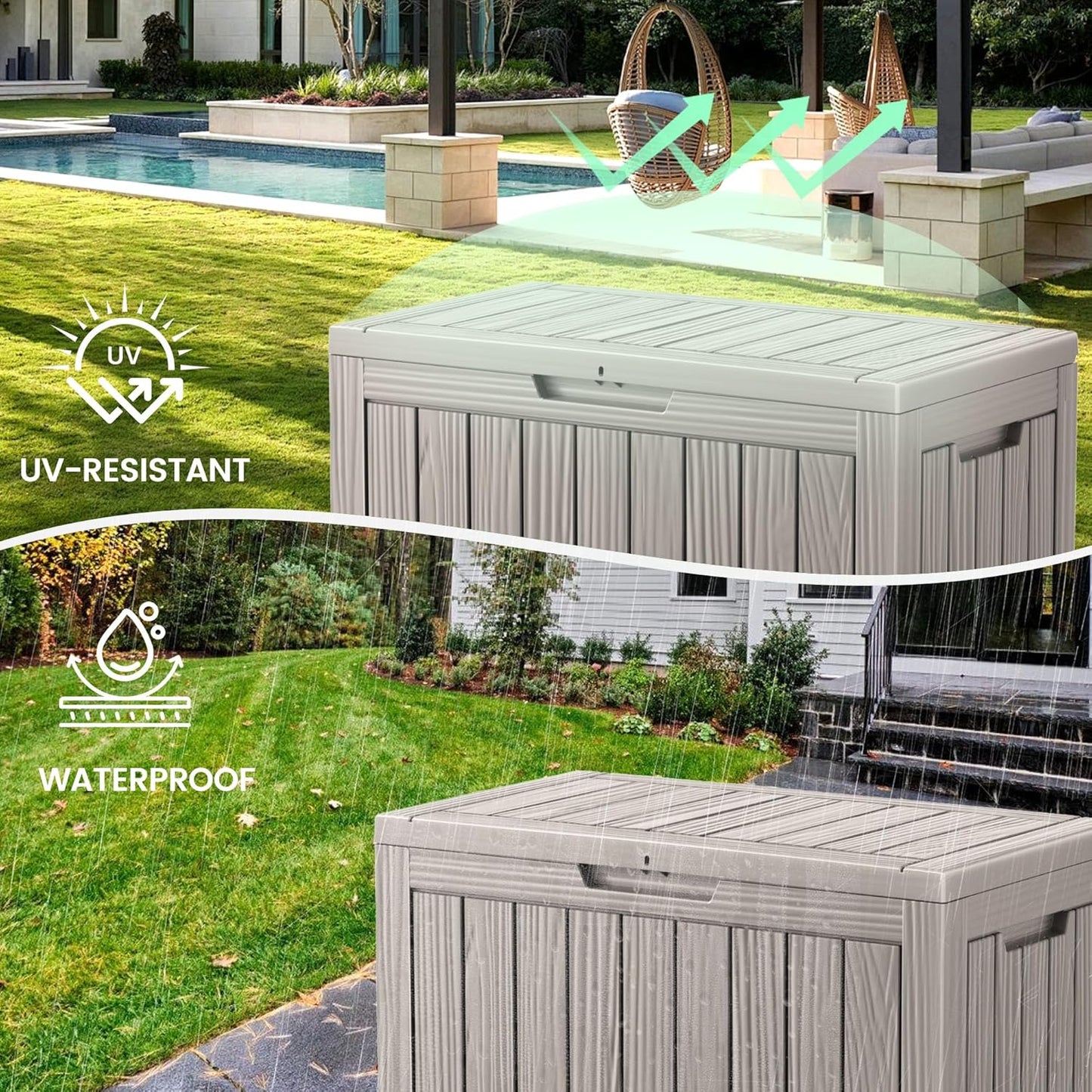 45 Outdoor Storage Box, Waterproof Resin Deck Box with Side Handles, Lockable Outdoor Bench for Indoor & Outdoor Use, Storage Bin for Patio Cushions, Garden Tools, Package Delivery, Grey