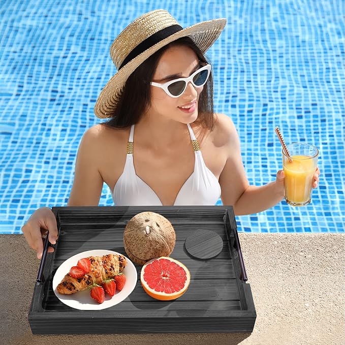 Dark Grey Coffee Table Decorative Serving Tray with Handles & 4 Coasters - 17x13 Inch Wood Tray for Ottoman, Breakfast, Wooden Tray