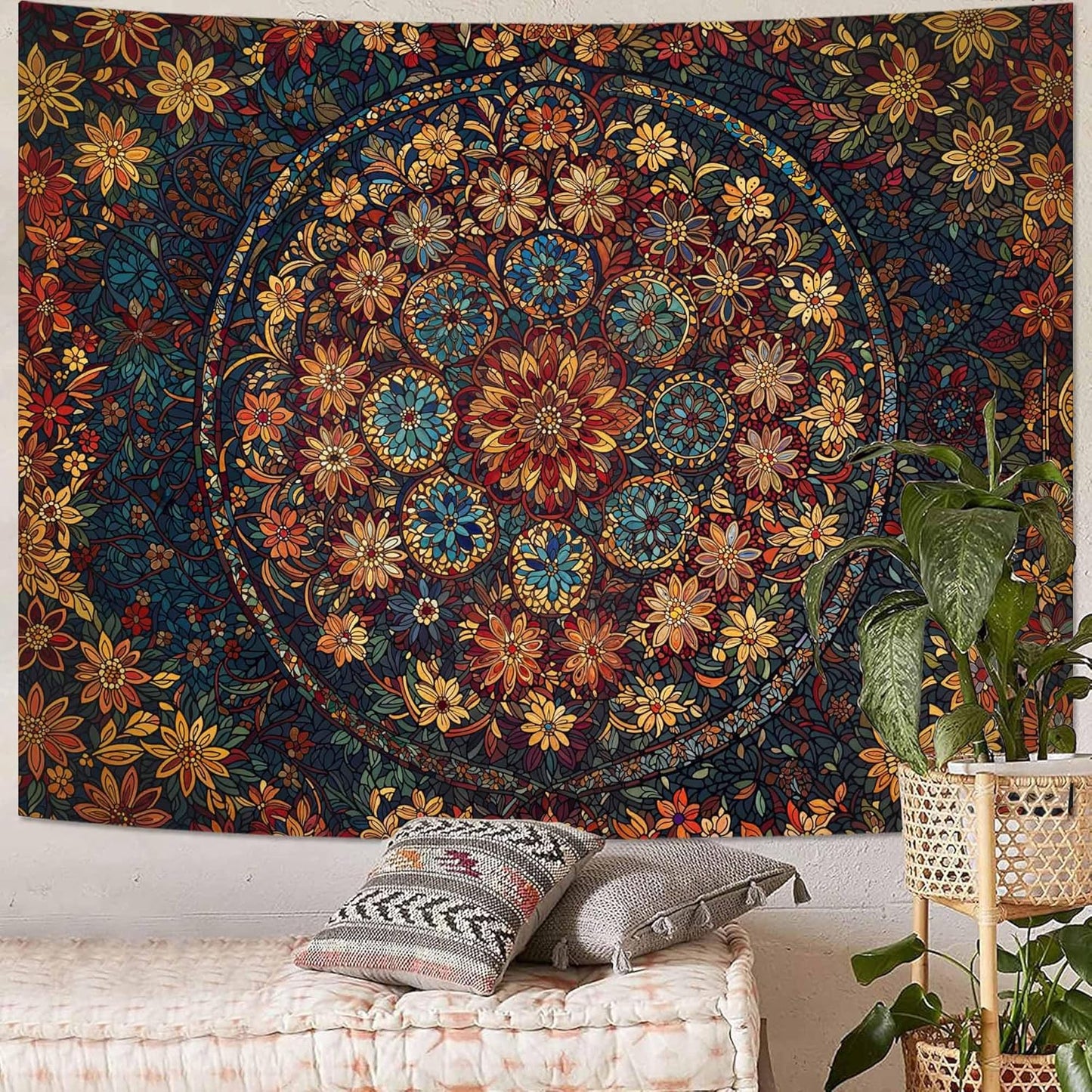 Fowocu Boho Floral Mandala Tapestry Wall Hanging Vintage Bohemian Flower Medallion Tapestry Aesthetic Orange Stained Glass Hippie Tapestries for Bedroom Living Room Dorm Decor 60 x 44 Inch