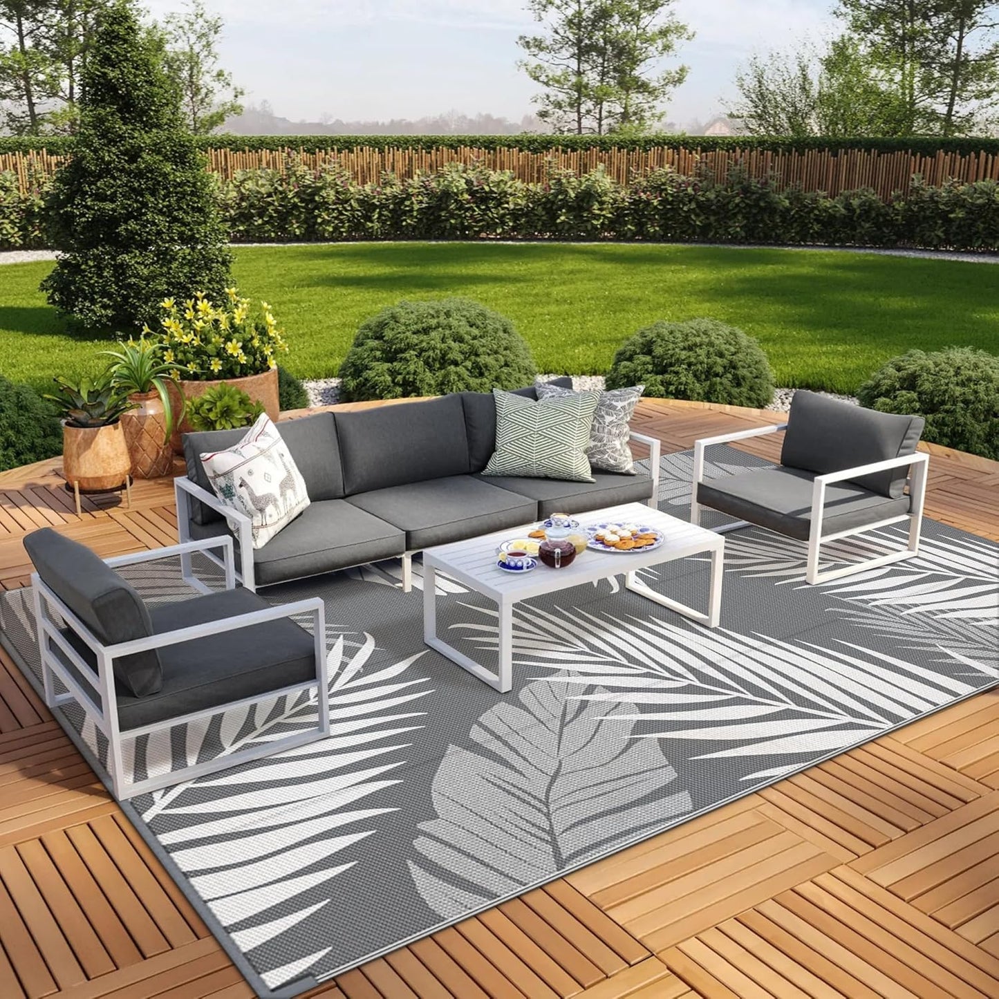 GENIMO Outdoor Rug 10' x 14' Waterproof for Patios Clearance, Reversible Outdoor Plastic Straw Camping Rug Carpet, Large Area Rugs Mats for RV, Camper, Deck, Balcony, Porch, Beach, Picnic, Grey&White