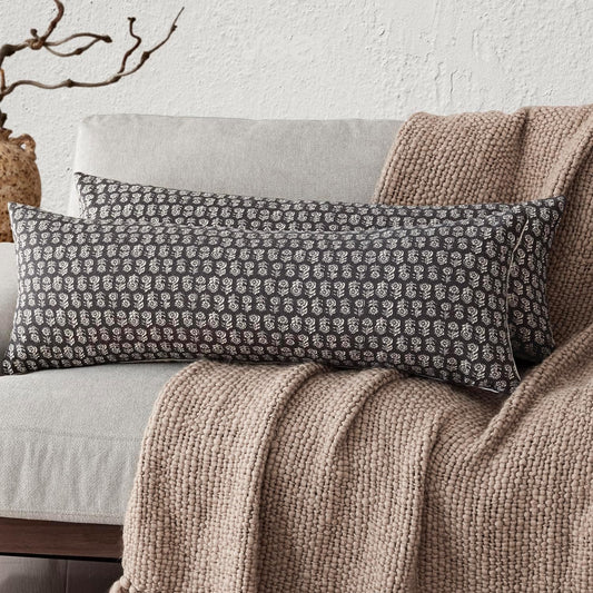 Foindtower Set of 2 Decorative Neutral Body Lumbar Throw Pillow Covers Vintage Accent Farmhouse Cushion Covers Boho Floral Home Decor for Sofa Couch Chair Bedroom Living Room Outdoor,14×36 Inch,Black