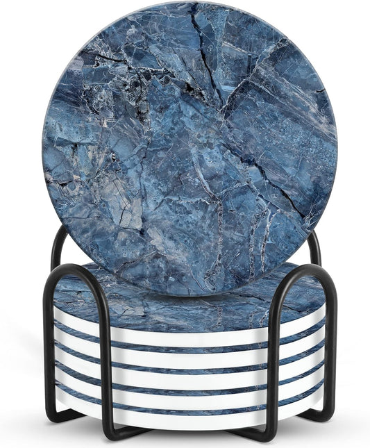 Emerson Coasters for Drinks Absorbent – Natural Stone Drink Coasters Set with Holder, Coasters for Coffee Table, Wooden Tabletop Protection Marble Style – 100% Heavy Duty Set of 6 (Mystic)