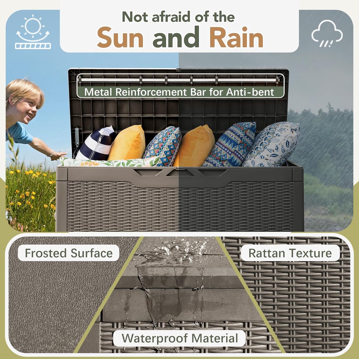 Flamaker Deck Box with Cushion 100 Gallon Waterproof Resin Storage Box with Air Rod Indoor Outdoor Lockable Storage Bench for Patio Furniture, Tools, Pool Accessories (Brown)