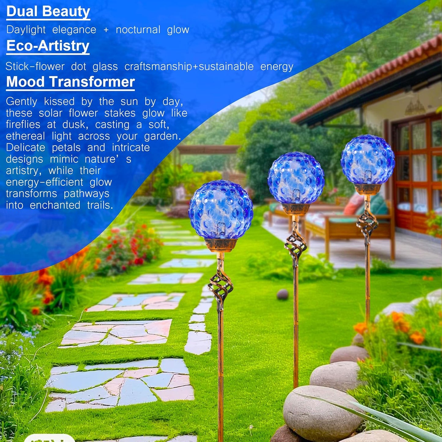 Garden Solar Lights, Decorative LED Honeycomb Glass Ball Garden Stake, Glass and Metal Outdoor Decoration, 4 x 31 Inch (Dark Blue)