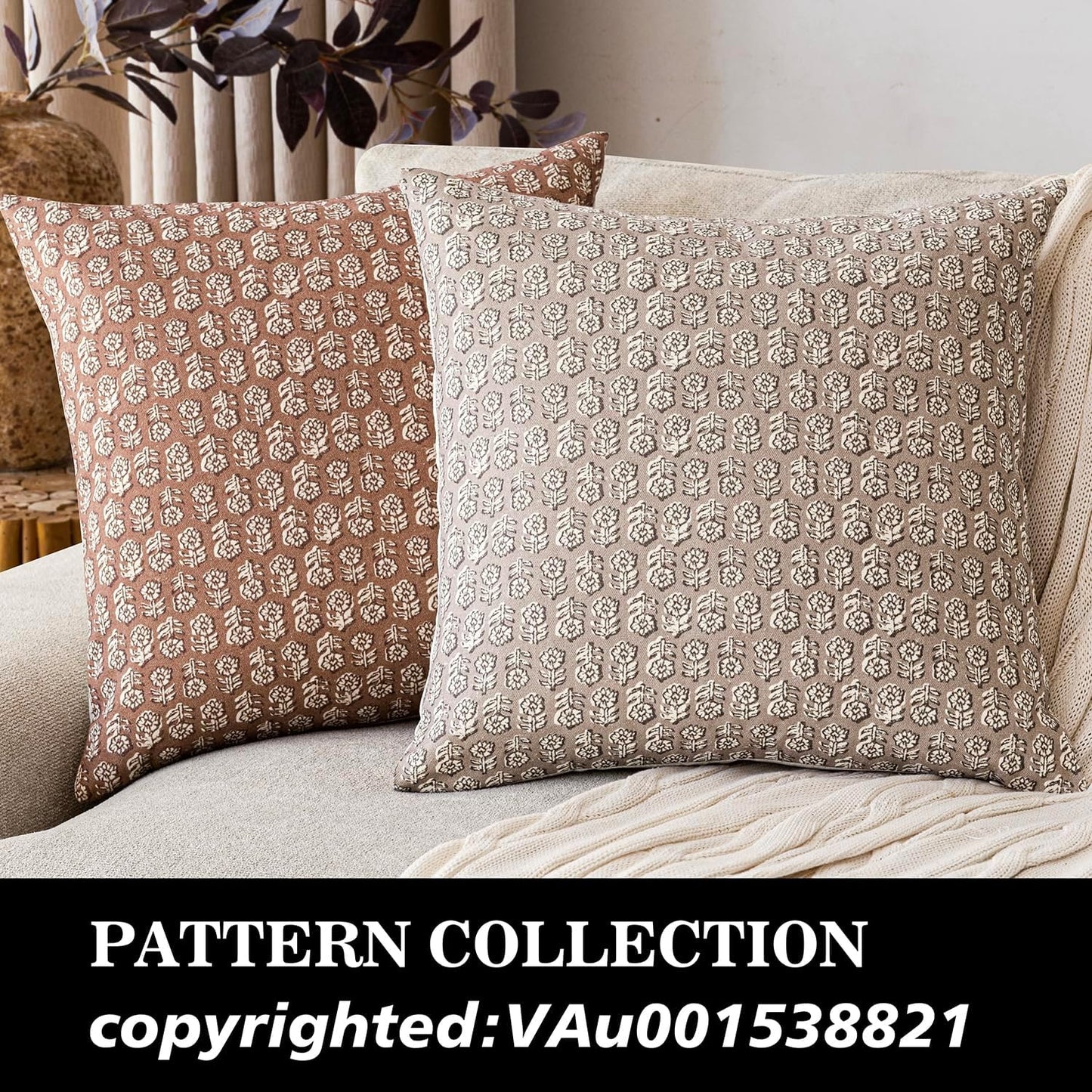 Foindtower Set of 2 Decorative Neutral Floral Print Throw Pillow Covers Vintage Farmhouse Cushion Covers Boho Home Decor for Sofa Chair Couch Bedroom Living Room Outdoor,18×18 Inch,Light Orange Brown