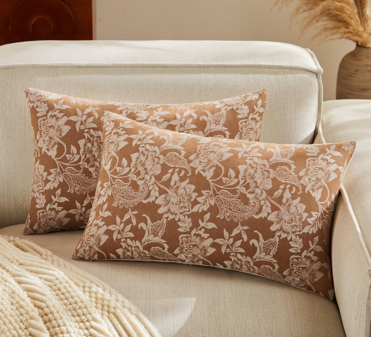 Floral Jacquard Lumbar Throw Pillow Covers Set of 2, Background/Caramal 12x20 Inch, Farmhouse Decorative Cotton Caramal Cushion Covers for Sofa Bed Living Room Home Decor