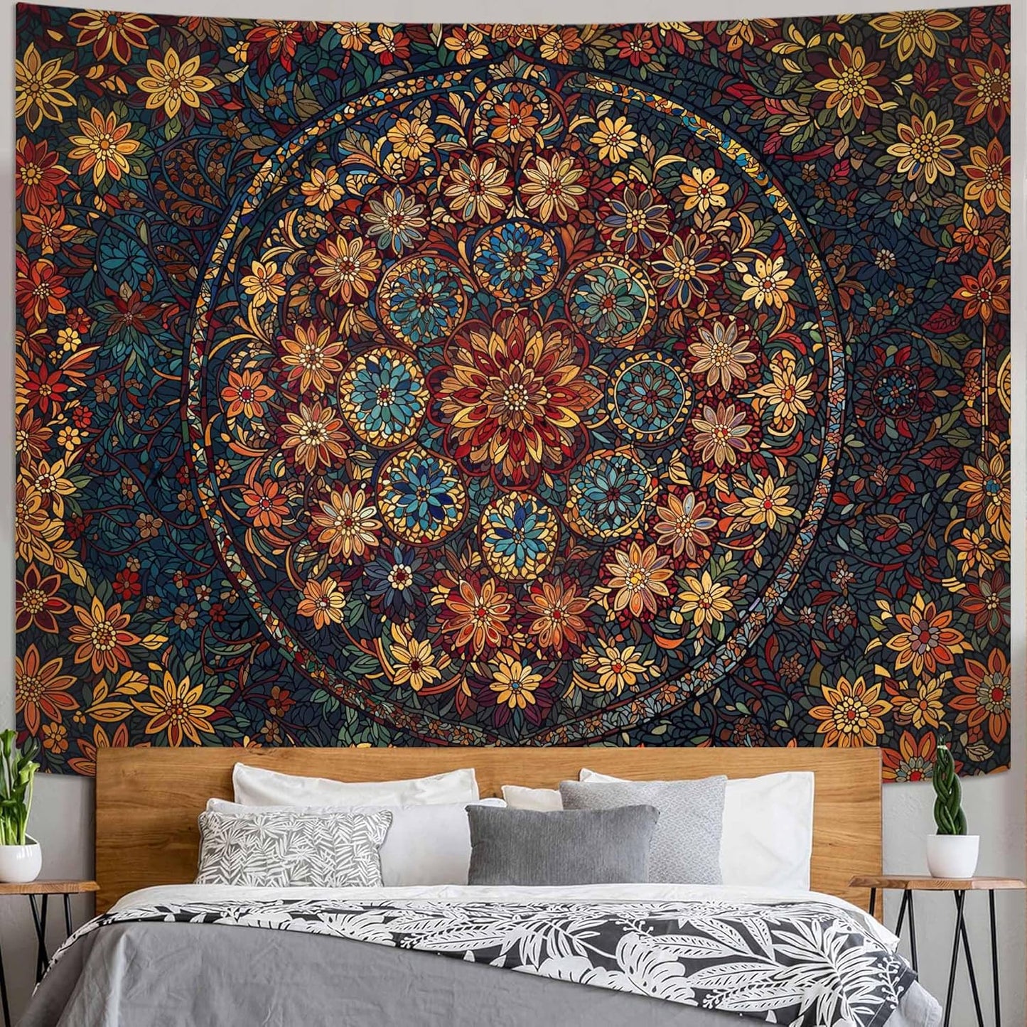 Fowocu Boho Floral Mandala Tapestry Wall Hanging Vintage Bohemian Flower Medallion Tapestry Aesthetic Orange Stained Glass Hippie Large Tapestries for Bedroom Living Room Dorm Decor 80 x 60 Inch