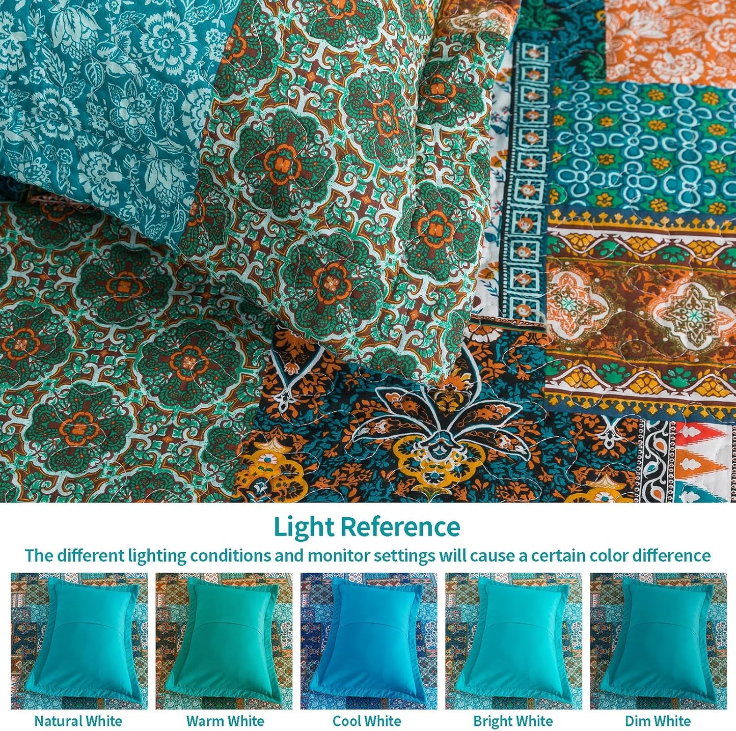 VAPUTAR Cotton King Quilt Size, Floral Patchwork King Bedspread, Lightweight Quilt King Size for All Seasons, Reversible Green Soft Quilt (98 x 106 Inch Quilt + 2 Pillowcases, Pine Green)