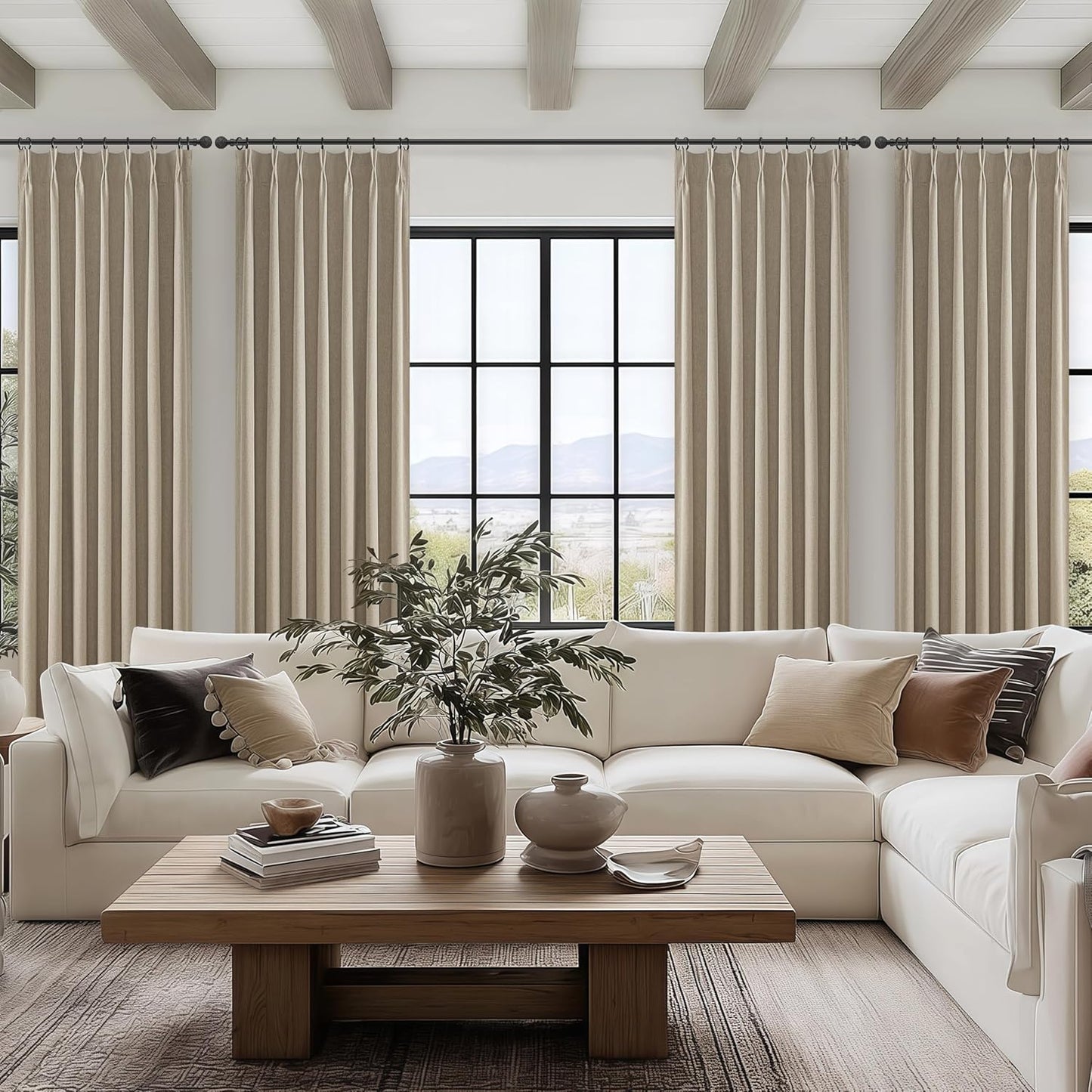 Extra Long Custom 102 Inch Viral Curtains with Pinch Pleat Clips, 100% Blackout Curtains for Bedroom Weather Burg Thermal Insulated Noise Cancelling Back Tab GreyBeige Boho Drapes 2 Panel Set