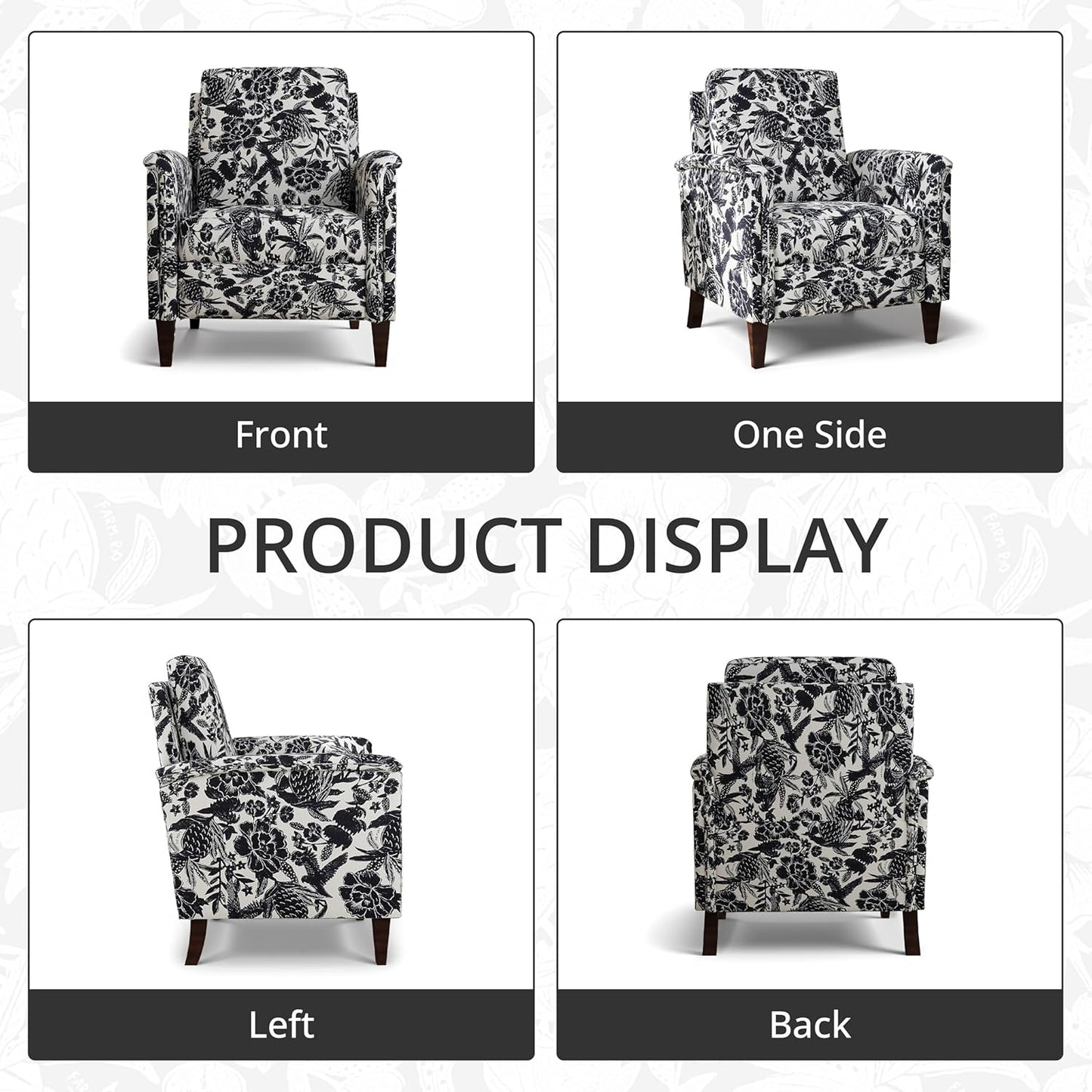 Floral Accent Chair, High Back Upholstered Armchair with Solid Wooden Legs, Padded Armrest and Removable Comfortable Cushioned Seat Single Sofa for Living Room, Bedroom, Black