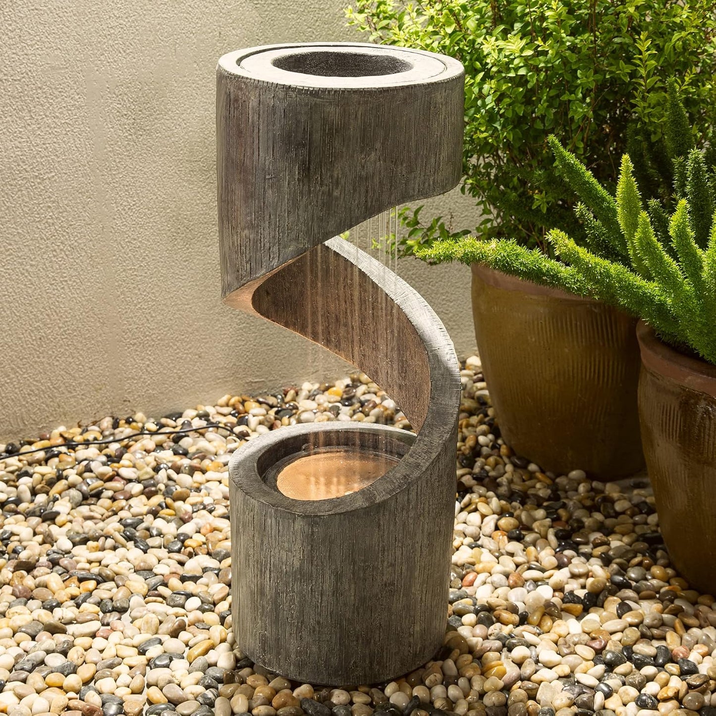 Glitzhome Tiered Outdoor Water Fountain with LED Light, Curved Outdoor Fountain Waterfall with Stone Planter, Freestanding Spiral Outdoor Garden Water Fountains, 31.3”H