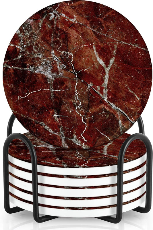 Emerson Coasters for Drinks Absorbent – Natural Stone Drink Coasters Set with Holder, Coasters for Coffee Table, Wooden Tabletop Protection Marble Style – 100% Heavy Duty Set of 6 (Ruby)